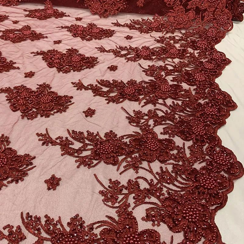 Burgundy Beaded Fabric _ Lace Floral embroidered fabric _ Bridal Fabric