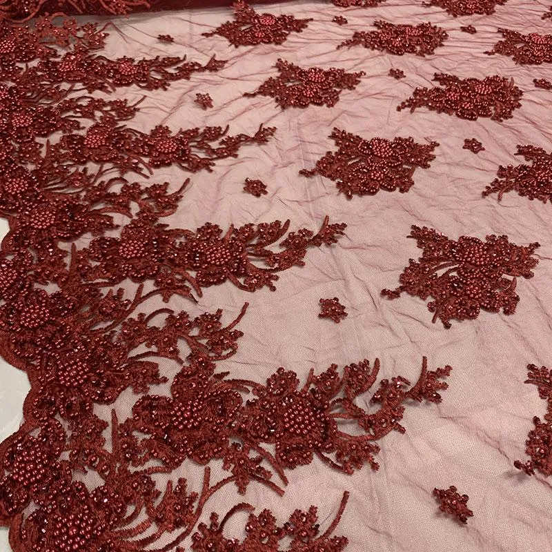 Burgundy Beaded Fabric _ Lace Floral embroidered fabric _ Bridal Fabric
