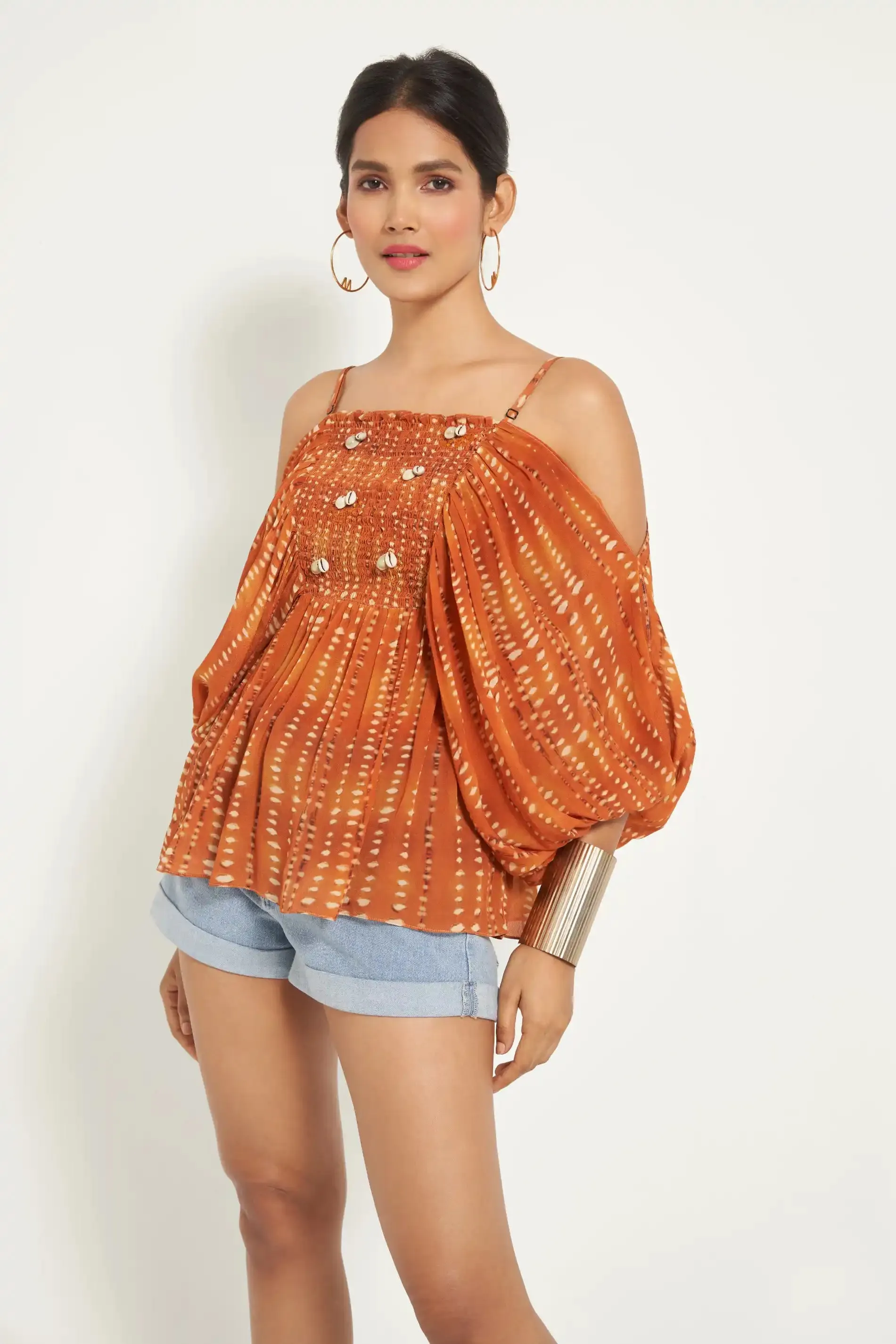 Burnt orange Off-Shoulder Smocked Top