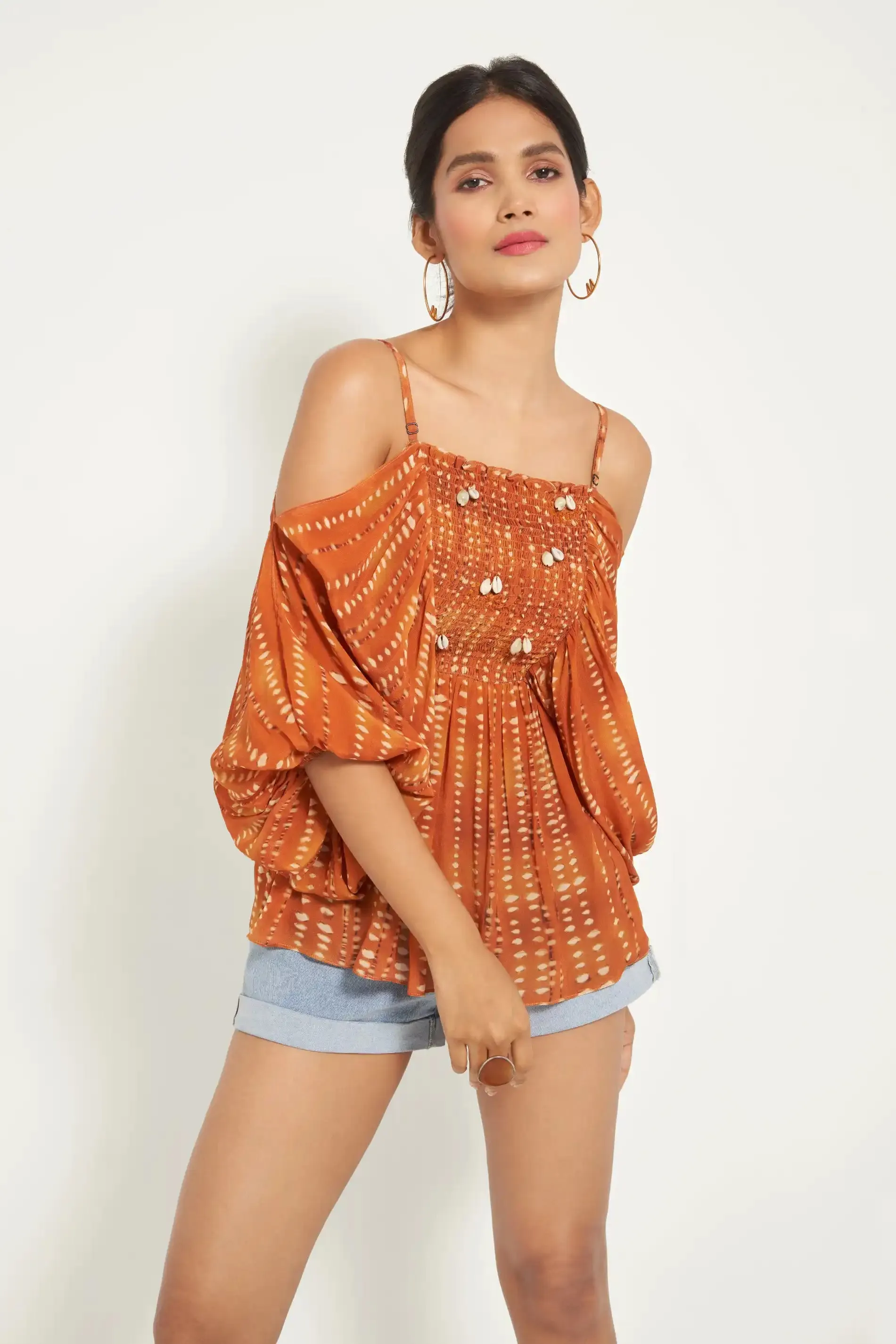 Burnt orange Off-Shoulder Smocked Top
