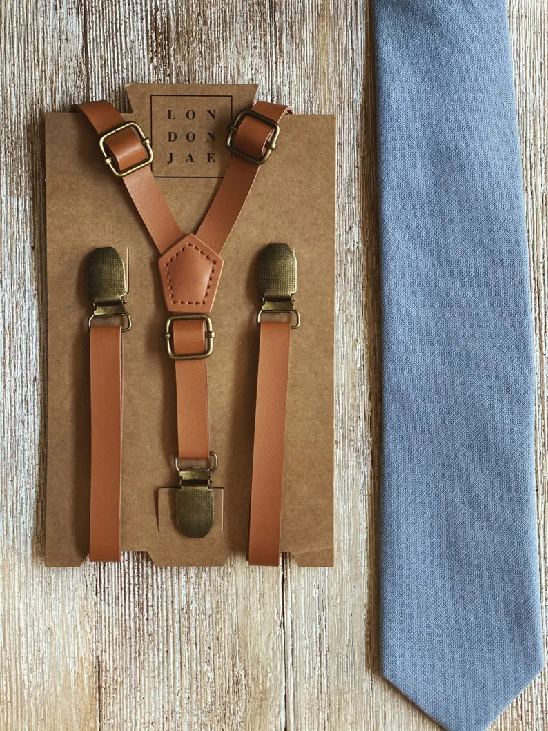 Caramel Skinny Suspenders with Dusty Blue Cotton Bow Tie