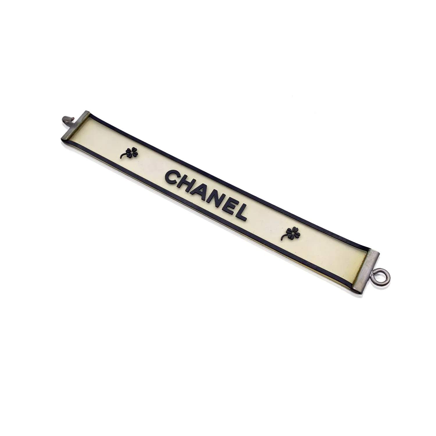 Chanel Vintage Clear and Black Rubber Logo Quatrefoil Bracelet