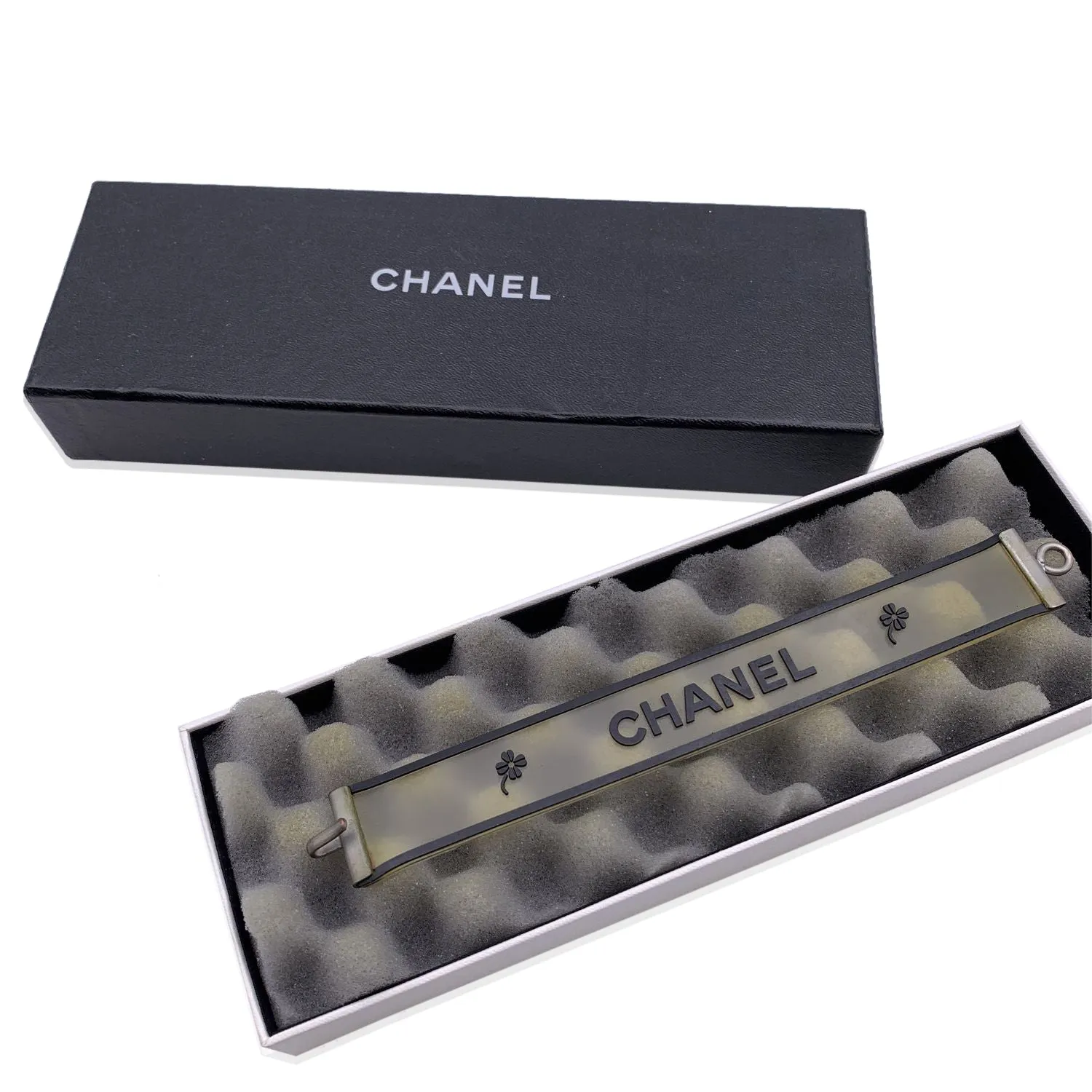 Chanel Vintage Clear and Black Rubber Logo Quatrefoil Bracelet