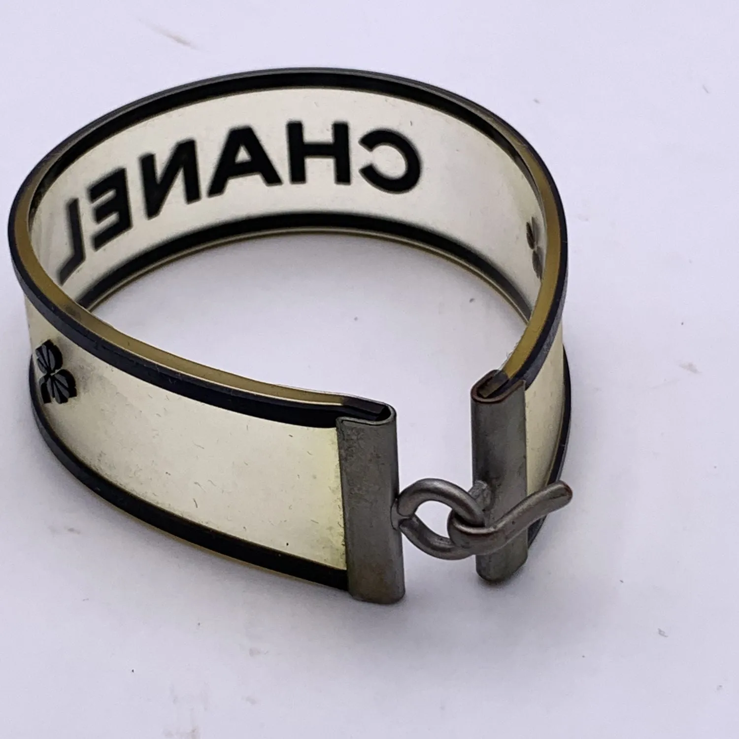 Chanel Vintage Clear and Black Rubber Logo Quatrefoil Bracelet