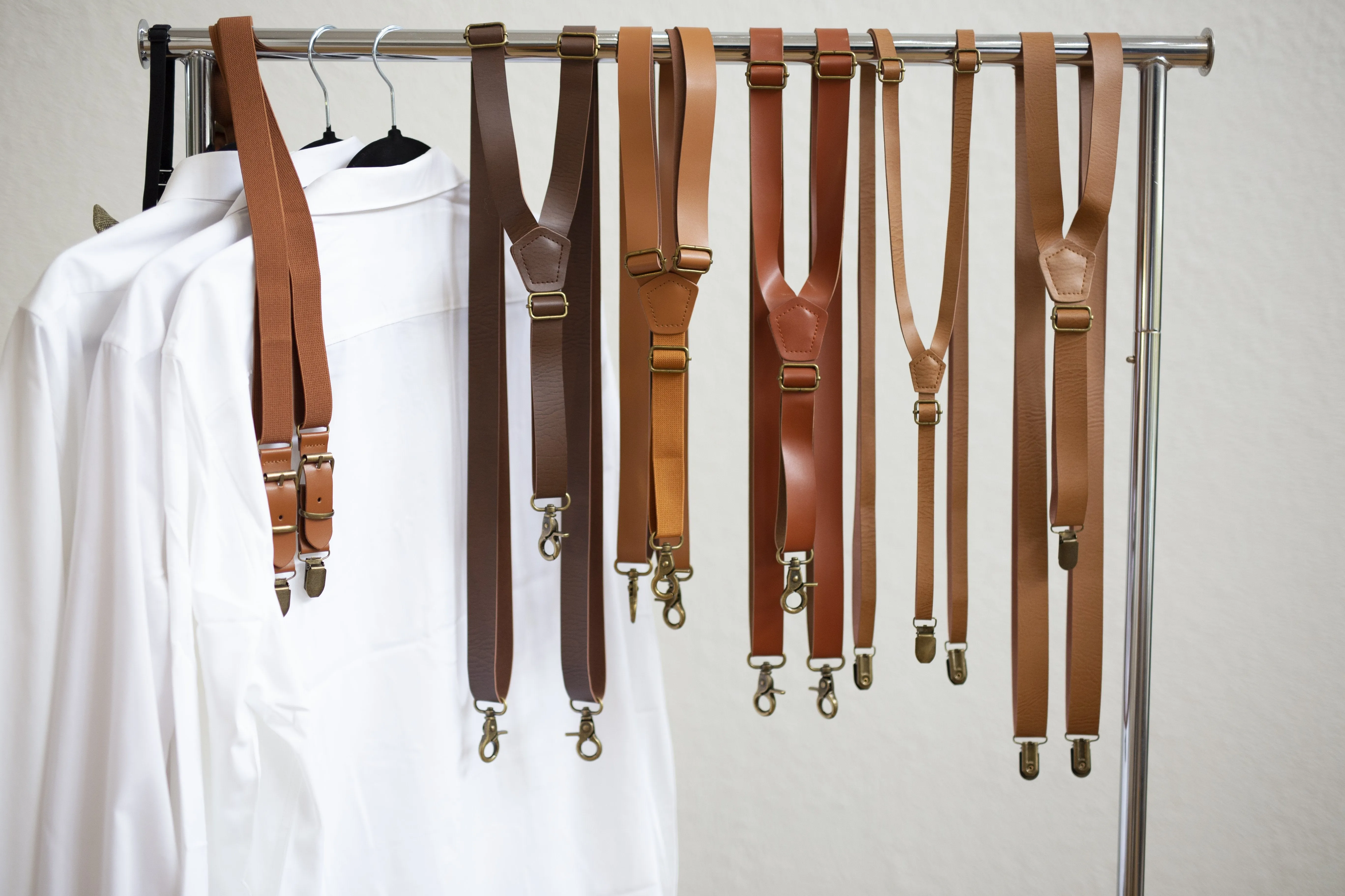 Cognac Faux Leather Suspender With Cognac Faux Leather Bow Tie
