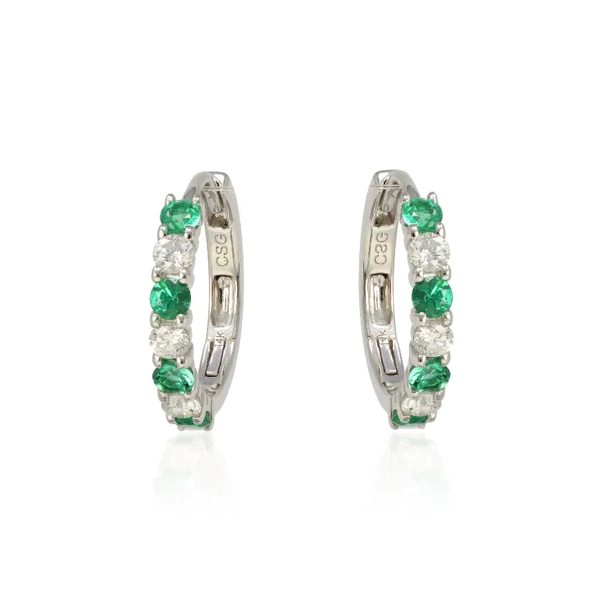 Ladies Pair Of 15MM Round Emerald and Diamond Hoop Earrings