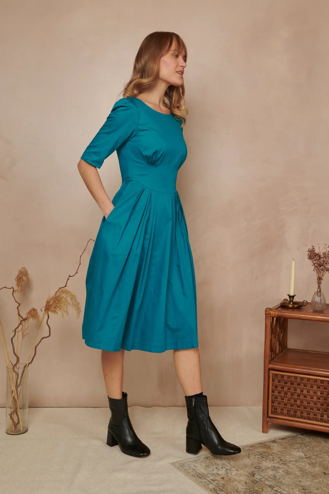 Louisa Cotton Satin Blue Topaz Dress