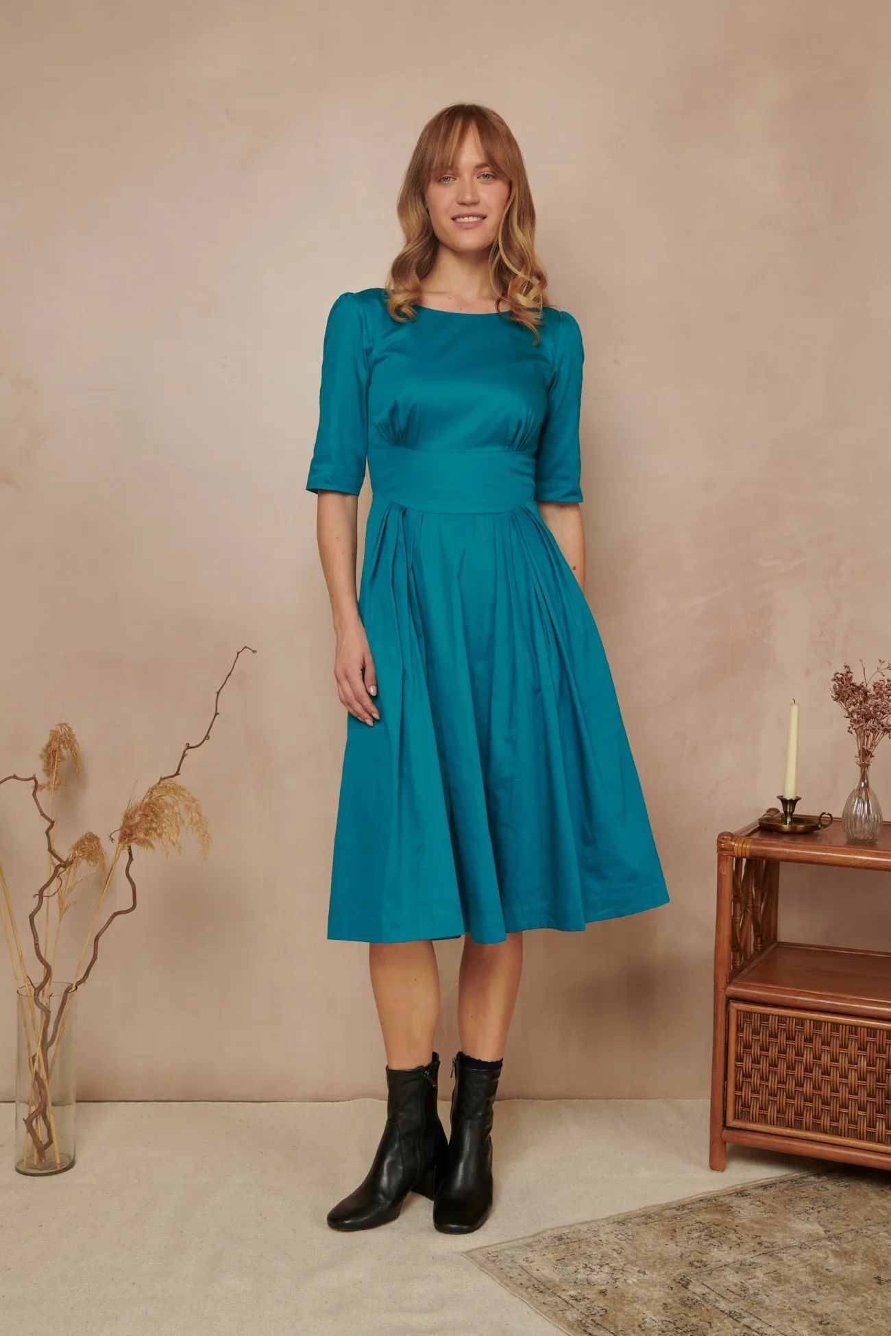 Louisa Cotton Satin Blue Topaz Dress