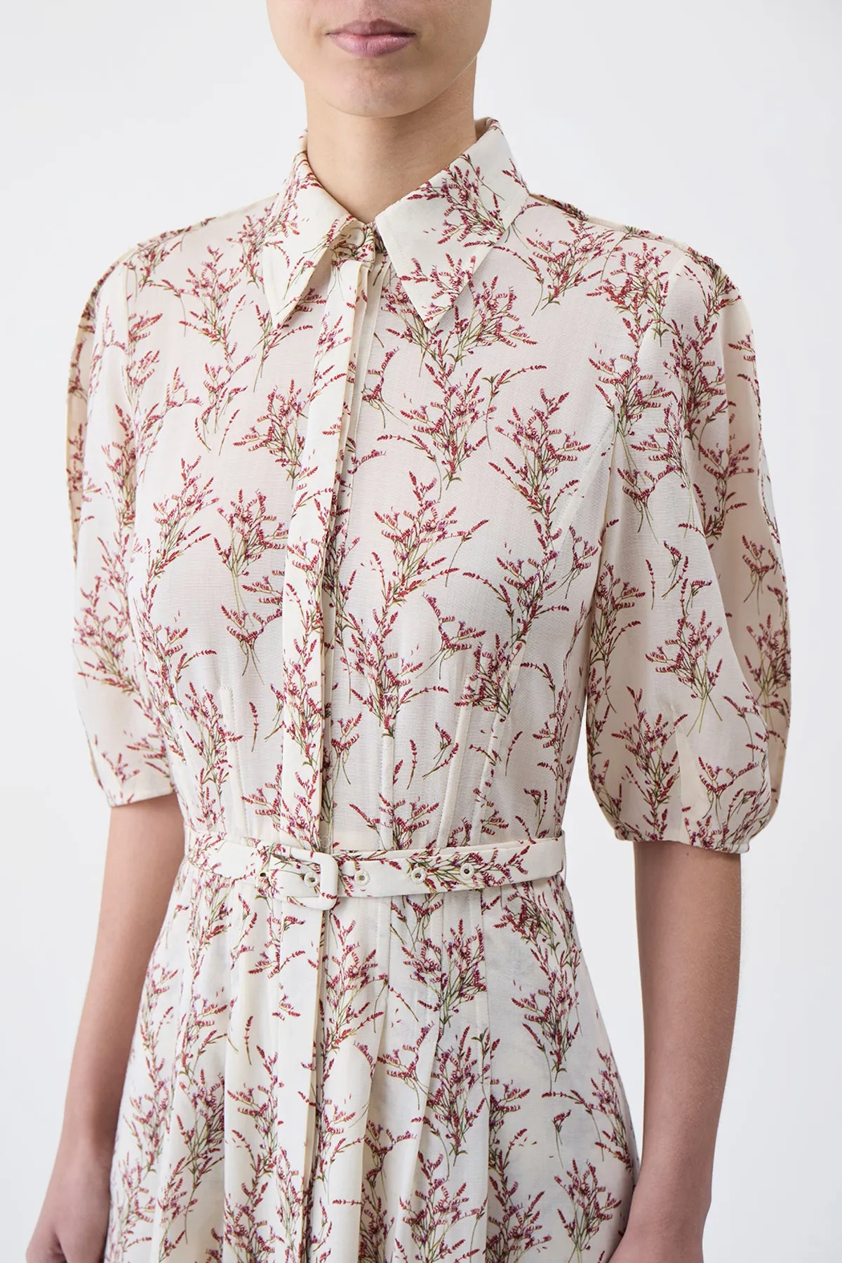 Maude Pleated Midi Shirtdress in Ivory Multi Wool
