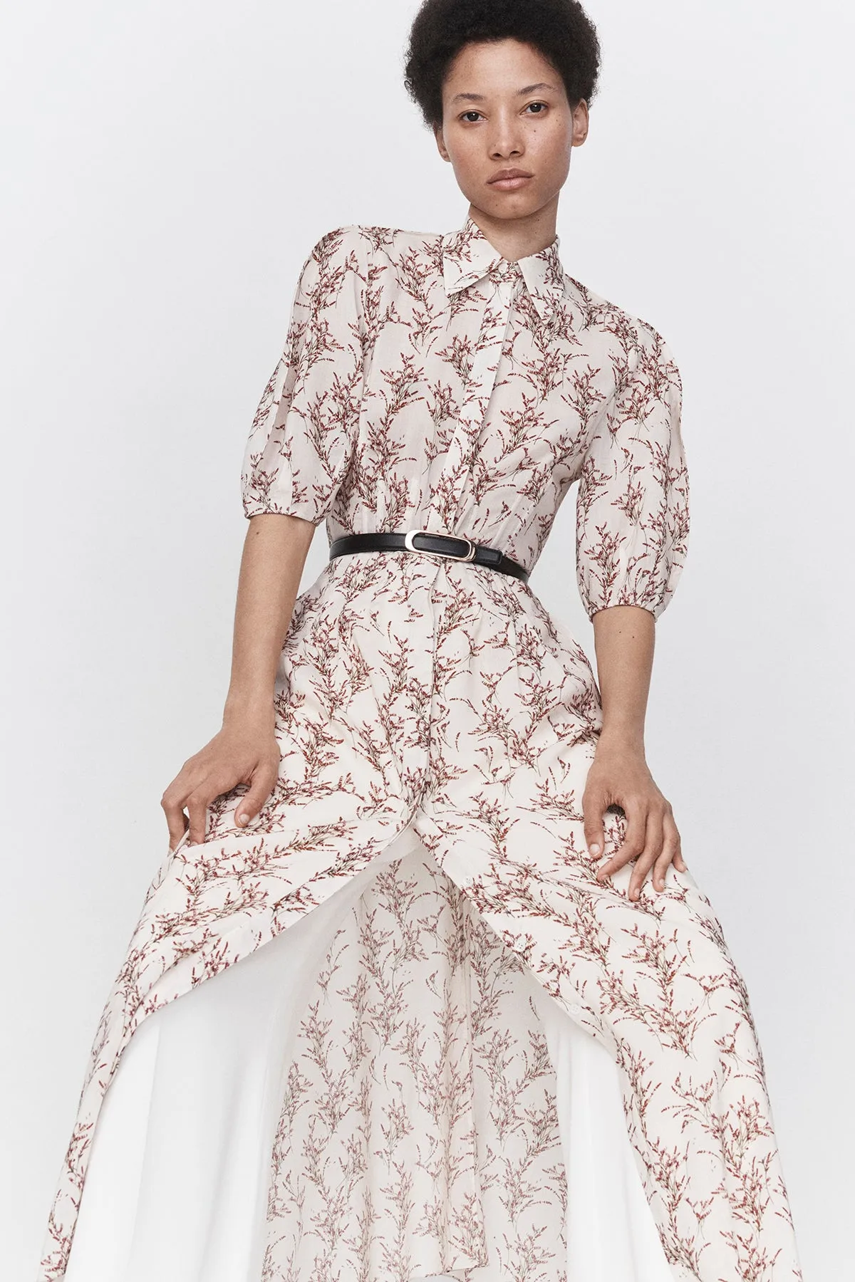 Maude Pleated Midi Shirtdress in Ivory Multi Wool