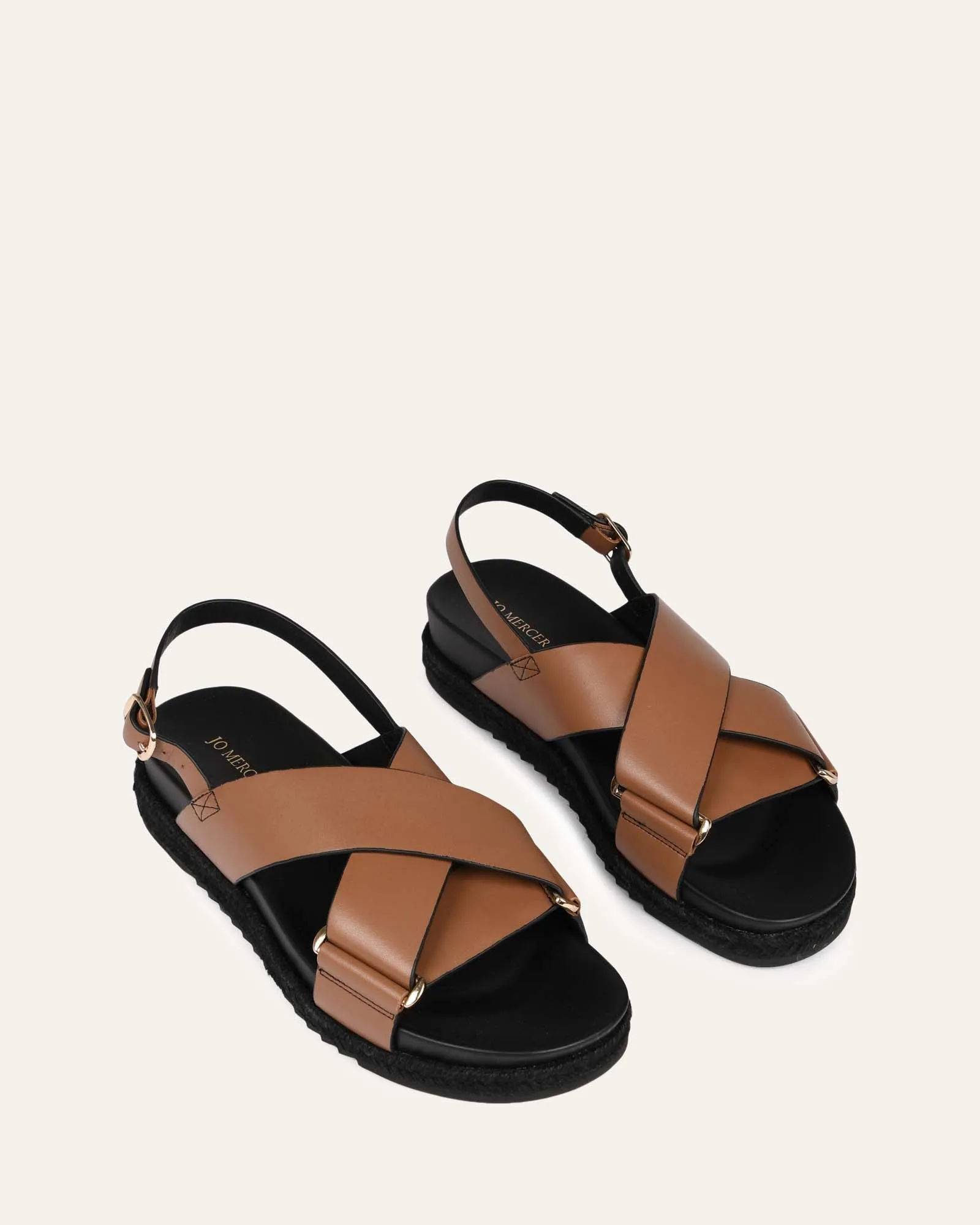 MILES FLAT ESPADRILLE SANDALS DARK TAN LEATHER