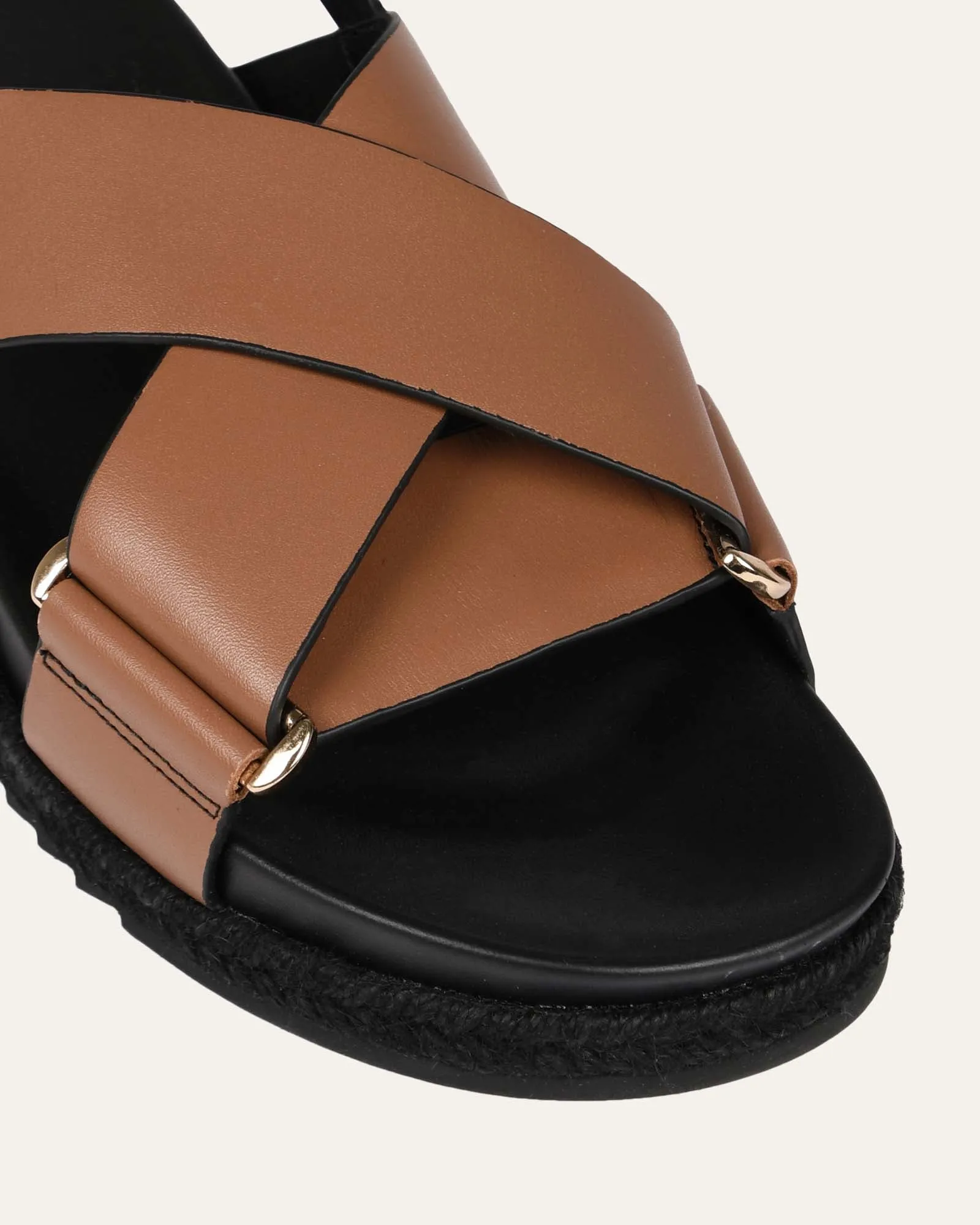 MILES FLAT ESPADRILLE SANDALS DARK TAN LEATHER