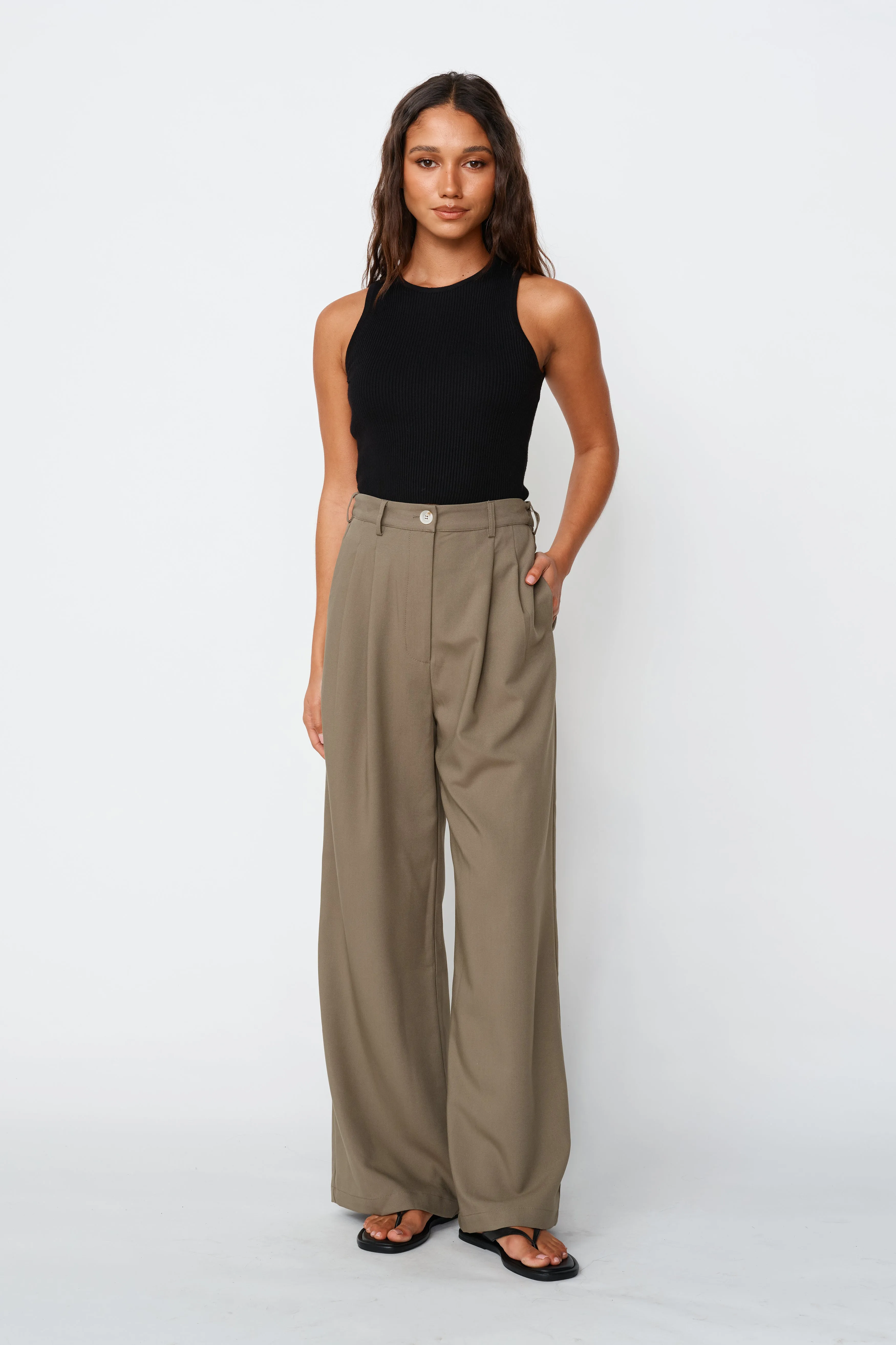 Zadie Adjustable Wide Leg Trouser - Khaki